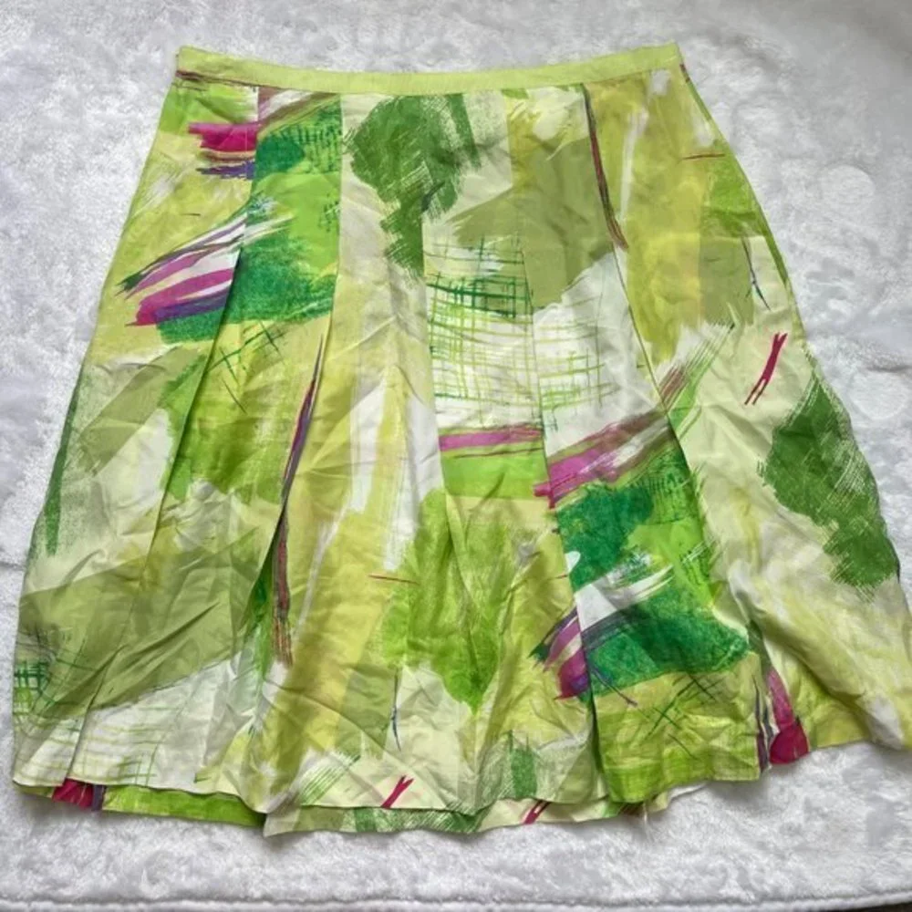 Melrose Women's Green, Pink 100% Silk Unlined Lightweight Pleated‎ Skirt Size 10